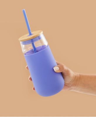 Glass Tumbler with 1 Straws Non Slip Silicone Sleeve Set, 20oz