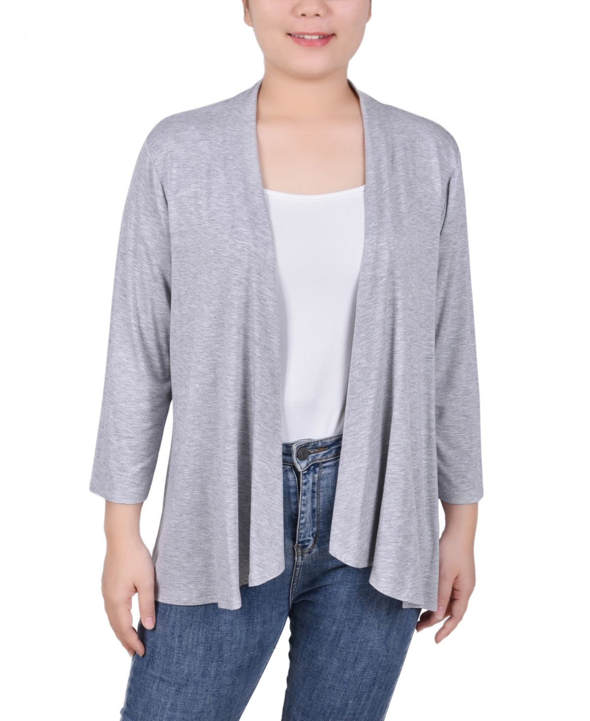 Ny Collection Women's 3/4 Sleeve Solid Cardigan In Heather Gray