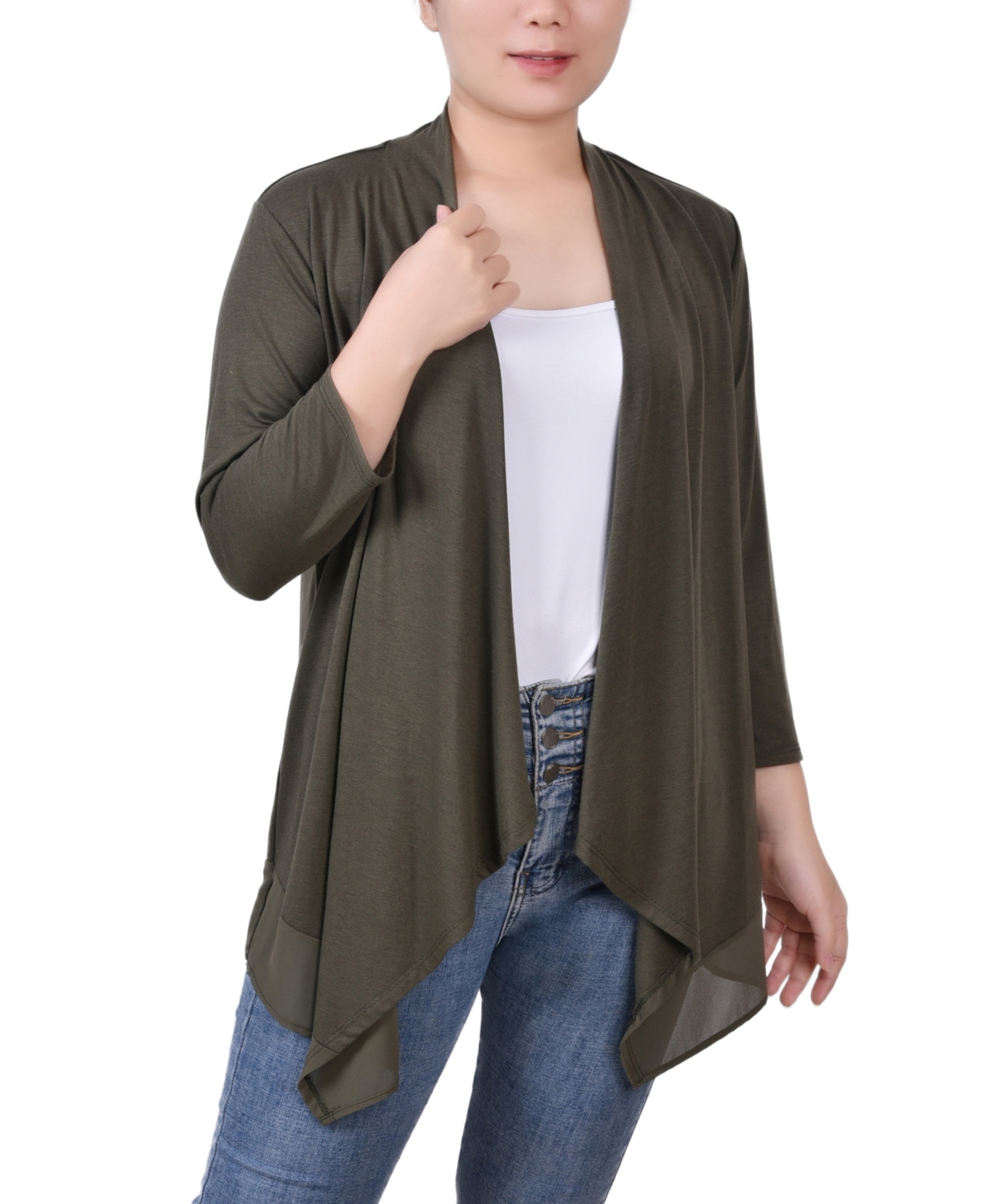Ny Collection Women's 3/4 Sleeve Sharkbite Hem Cardigan In Grape Leaf