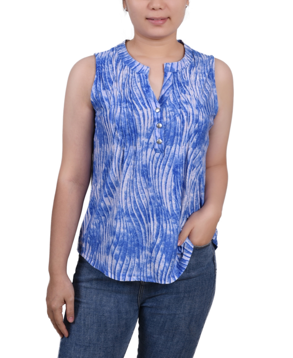 NY COLLECTION WOMEN'S SLEEVELESS JACQUARD Y-NECK TOP