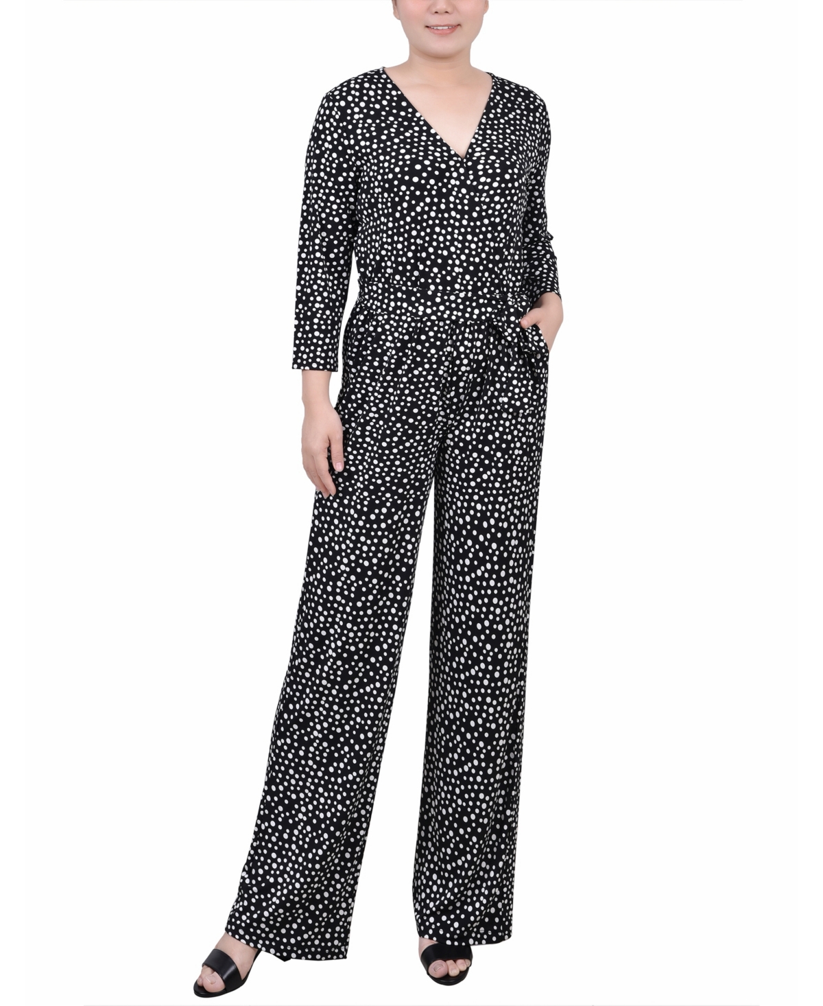 Ny Collection Women's 3/4 Sleeve Belted Jumpsuit In Black White Ice Moon