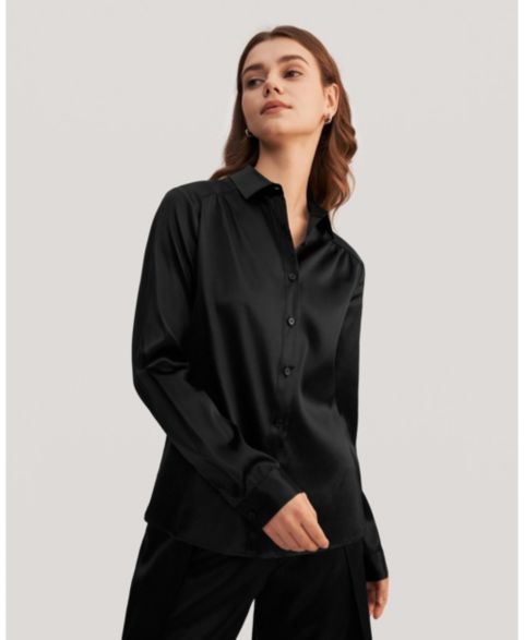 Женская блузка LILYSILK Long Sleeves Collared Silk, цвет: Чёрный