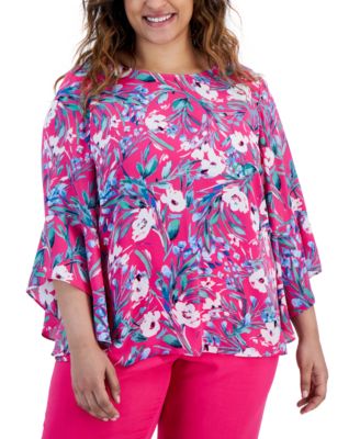 Kasper - Plus Size Printed Ruffle-Sleeve Blouse