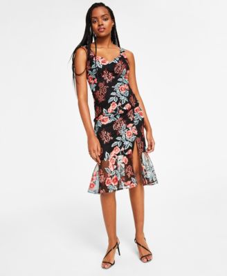 GUESS Embroidered-Mesh Flounce-Hem Bodycon Midi Dress - Macy's