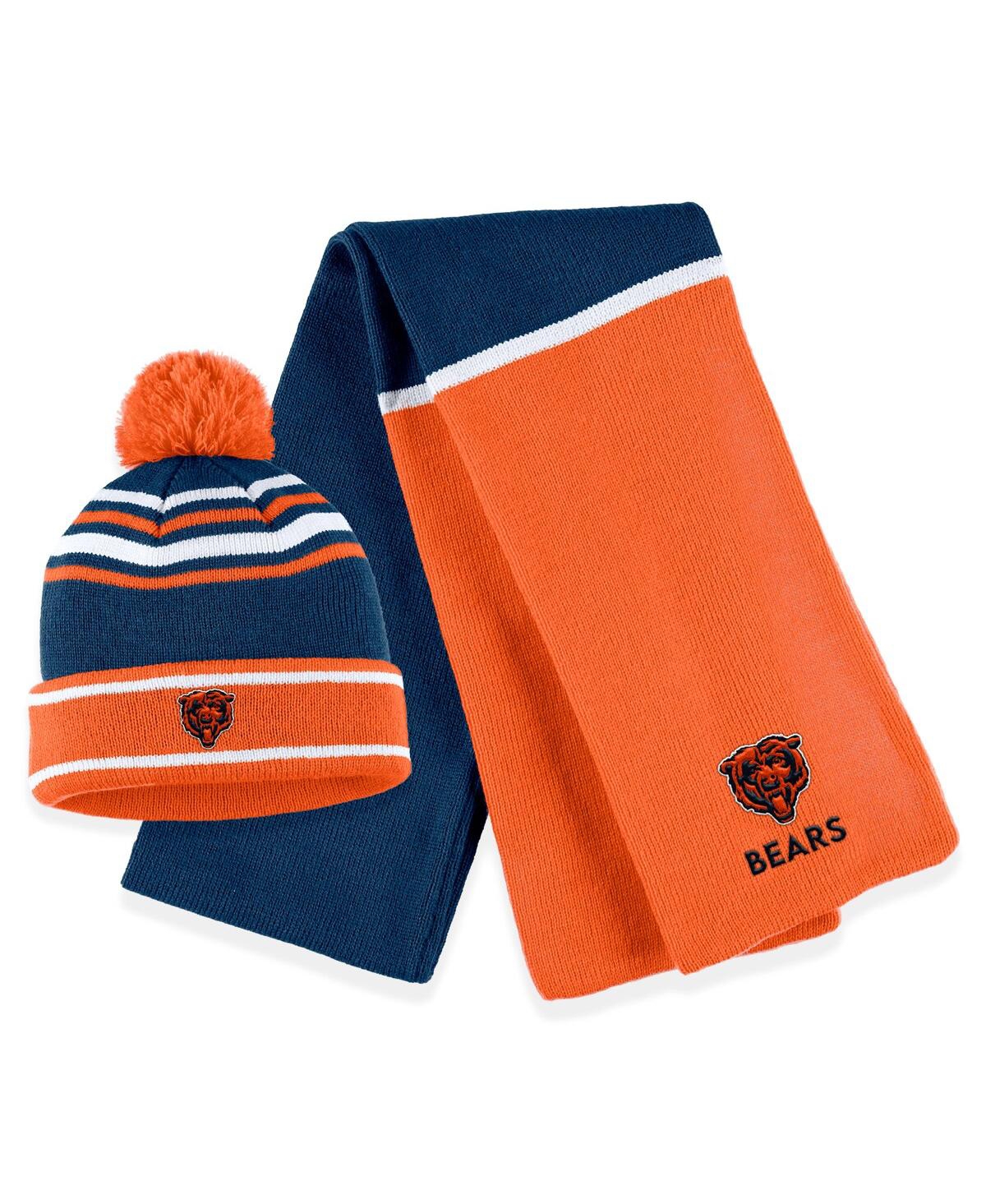 Shop Wear By Erin Andrews Women's  Orange Chicago Bears Colorblock Cuffed Knit Hat With Pom And Scarf Set