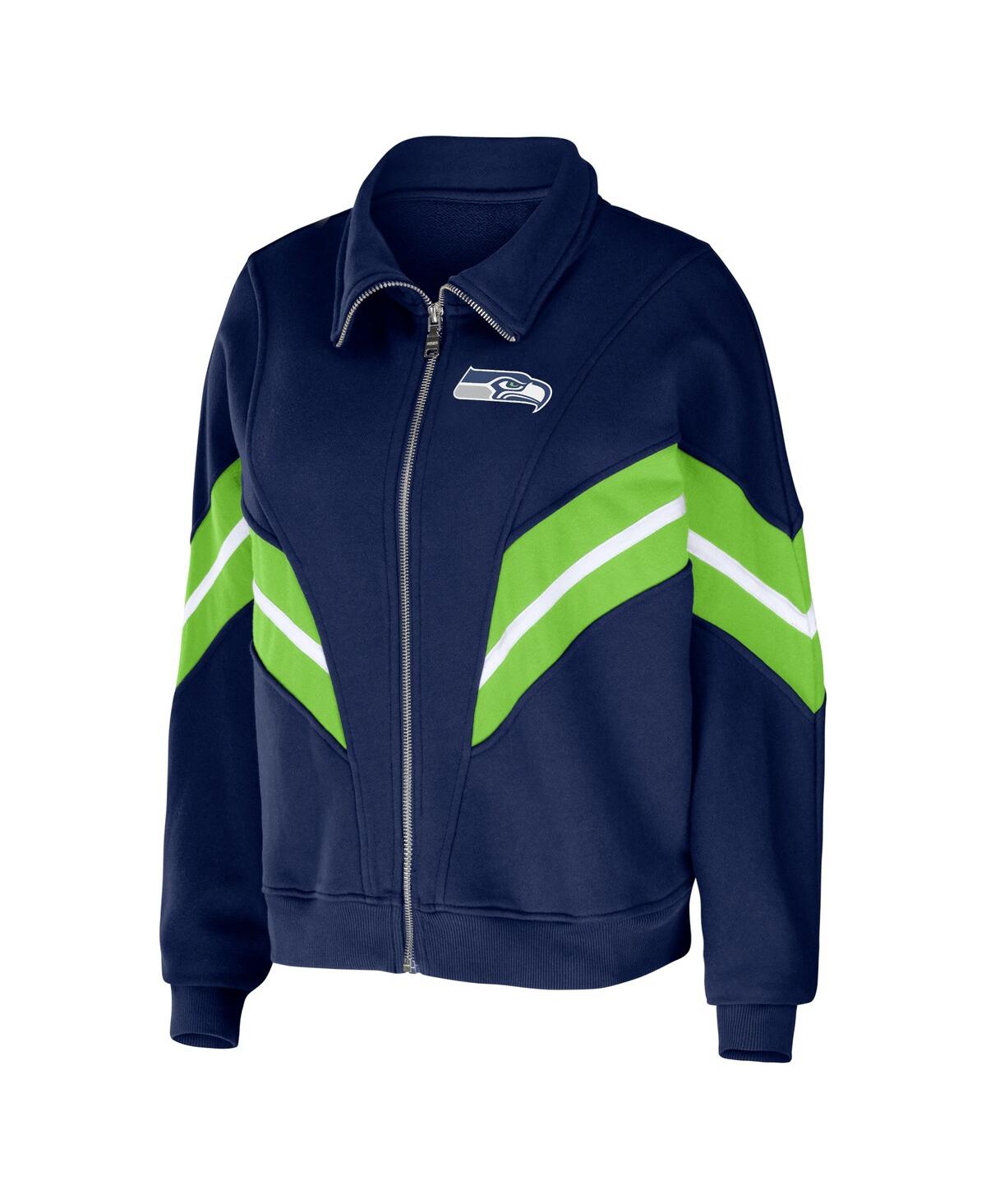 Shop Wear By Erin Andrews Women's  College Navy Seattle Seahawks Plus Size Yarn Dye Stripe Full-zip Jacket