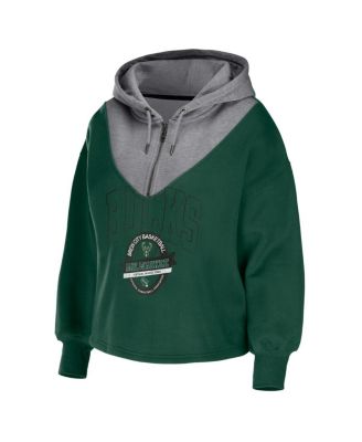 Women's Hunter Green Milwaukee Bucks Pieced Quarter-Zip Hoodie Jacket