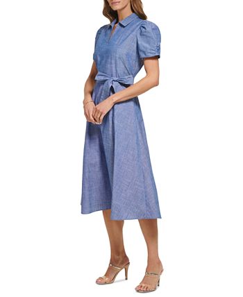 DKNY Women's Ruched-Sleeve Belted Shirtdress - Macy's