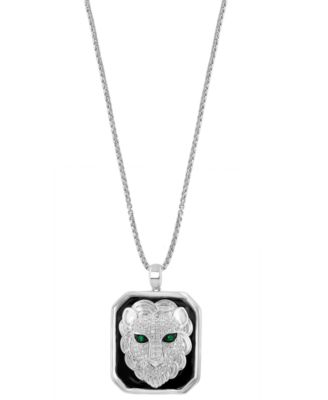 EFFY&reg; Men's Diamond (1/2 ct. t.w.) & Emerald Accent Black Enamel Lion 22" Pendant Necklace in Sterling Silver