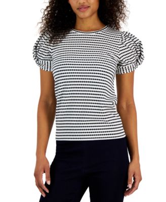 Anne Klein - Women's Arabesque Jacquard Striped Puff-Sleeve Top