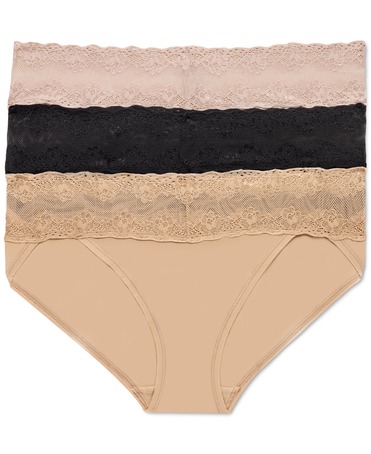 Natori Bliss Perfection Lace Waist Bikini Underwear 3-pack 756092mp In Cameo Rose,black,cafe