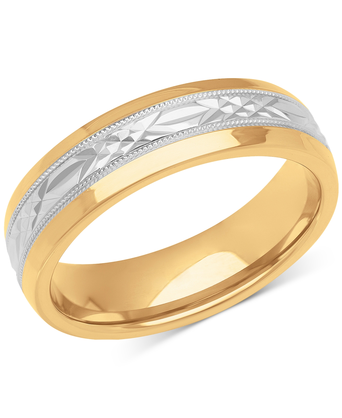 Macy's Men's Carved & Beaded Wedding Band In Sterling Silver & 18k Gold-plate In Two-tone