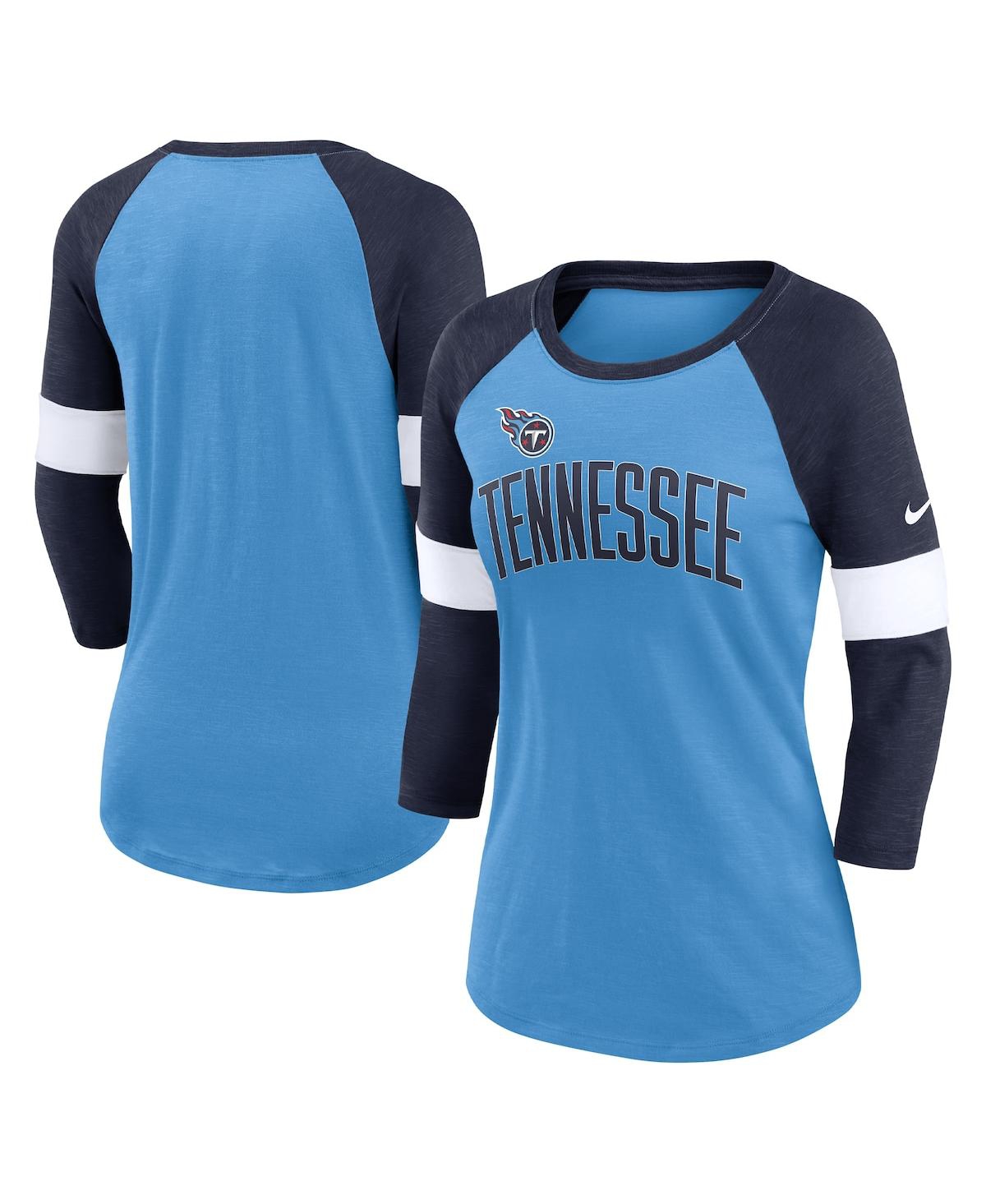 Nike Women's  Tennessee Titans Light Blue And Heather Navy Football Pride Raglan 3/4-sleeve T-shirt In Light Blue,heather Navy