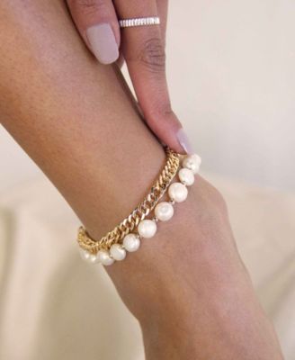 Cultured Freshwater Pearl and 18K Gold Plated Chain Anklet Set