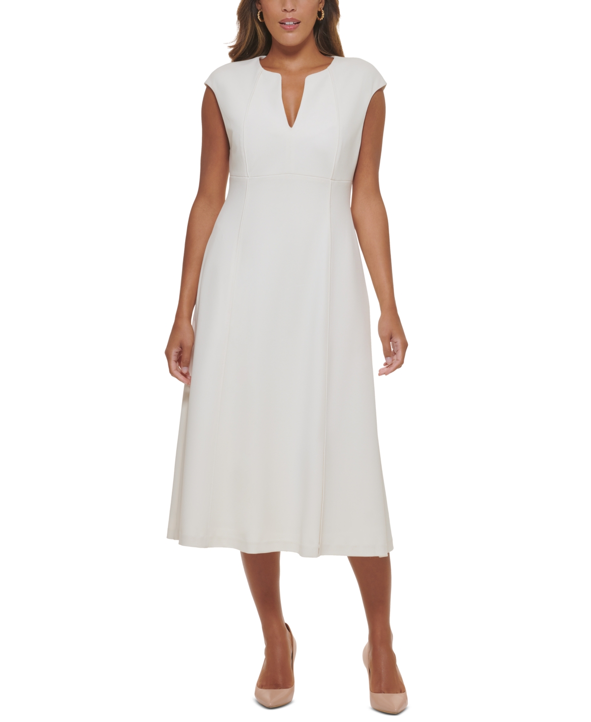 Calvin Klein Women's Split-neck A-line Midi Dress In Pearl | ModeSens