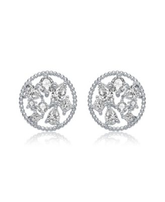 GV Sterling Silver White Gold Plated Ball Halo with Clear Multi Shape Cubic Zirconia Round Earrings