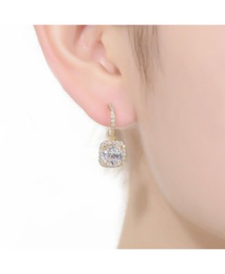 GV Sterling Silver with 14K Gold Plated Clear Cushion with Round Cubic Zirconia Halo Drop Earrings
