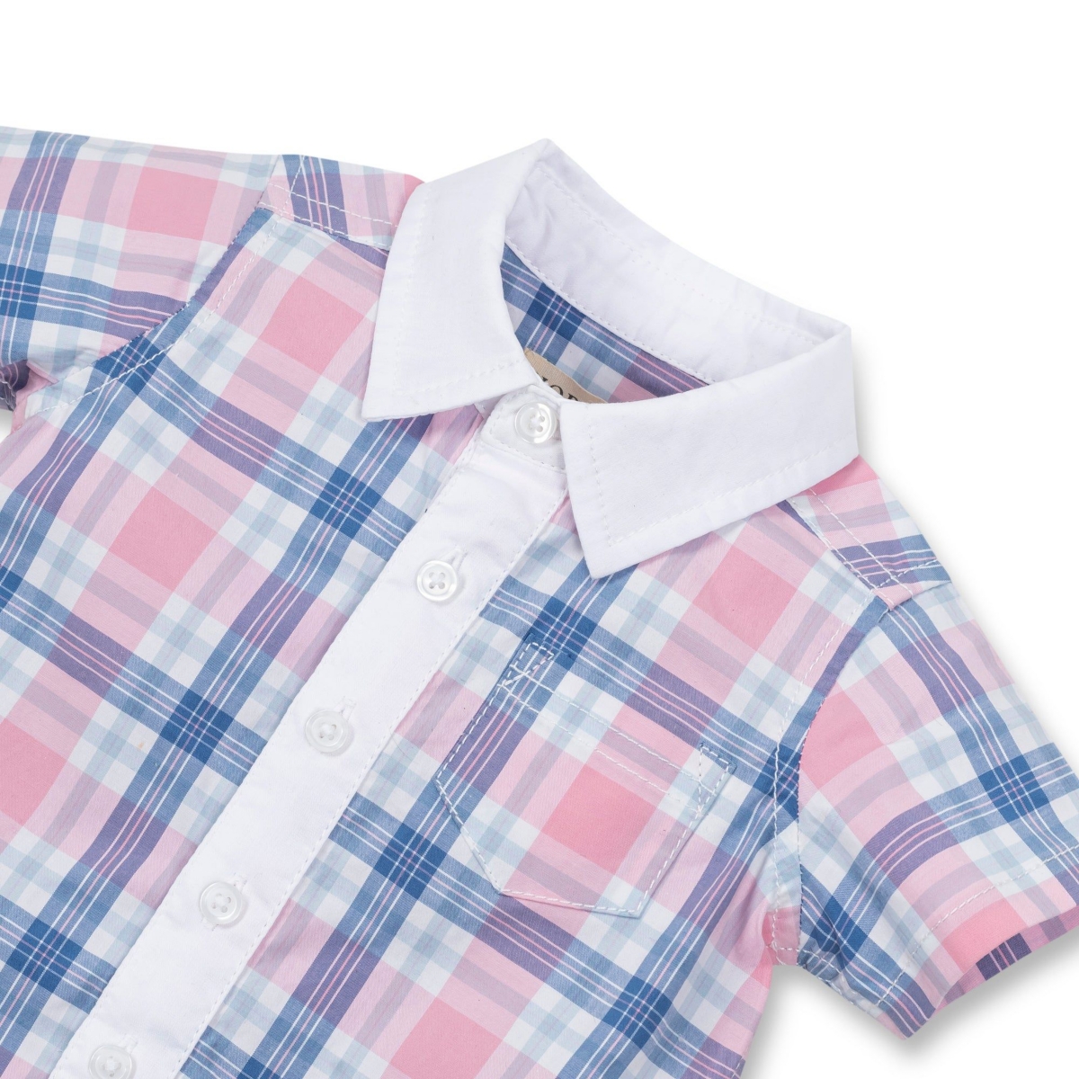 Hope & Henry Baby Boys Layette Organic Cotton Woven Romper with Collar and Button Front - Fresh Pink And Blue Plaid