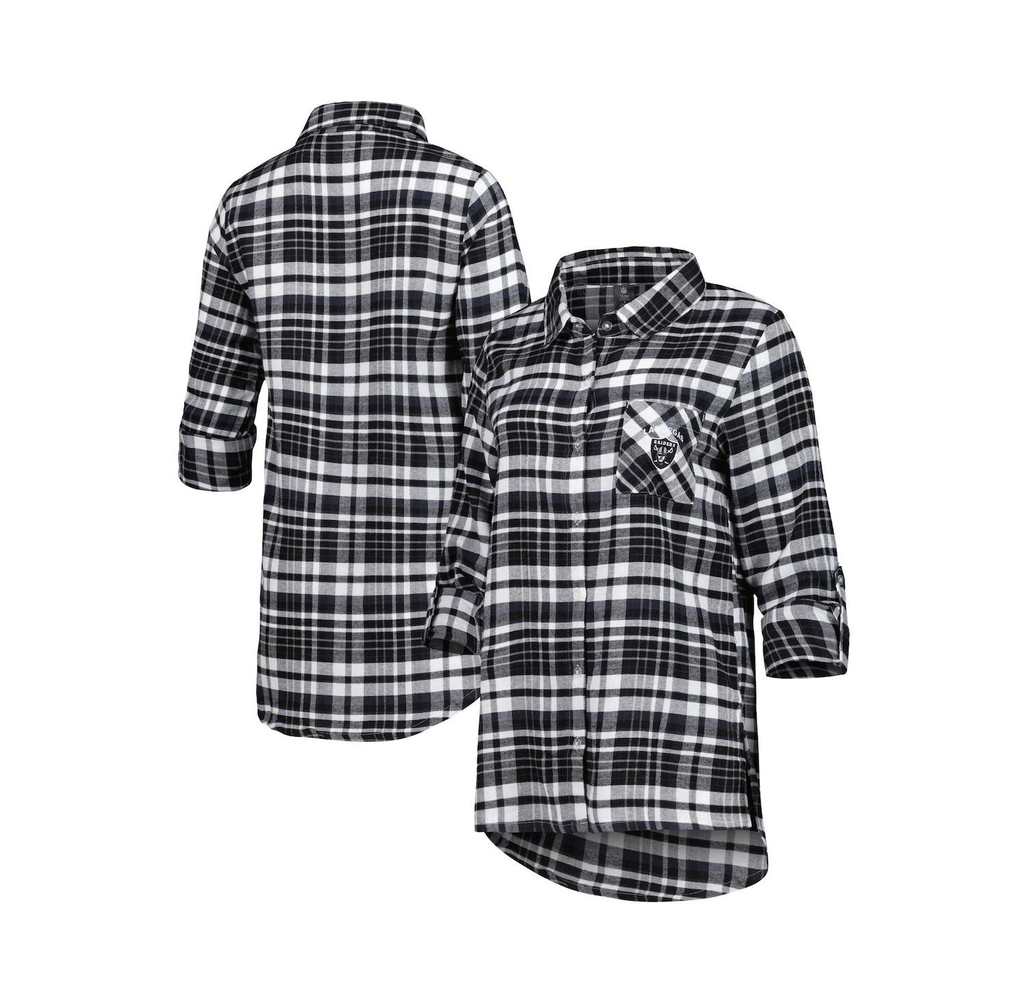 Women's Black, Silver Las Vegas Raiders Mainstay Flannel Full-Button Long Sleeve Nightshirt
