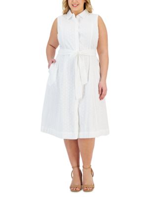 Anne Klein Plus Size Tie Waist Eyelet Midi Shirtdress - Macy's