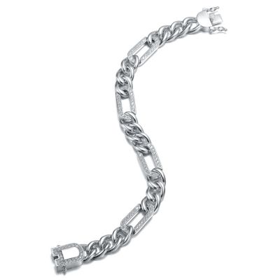 Men's Sterling Silver White Gold Plated with Iced Out Cubic Zirconia Paper Clip Curb Chain Bracelet