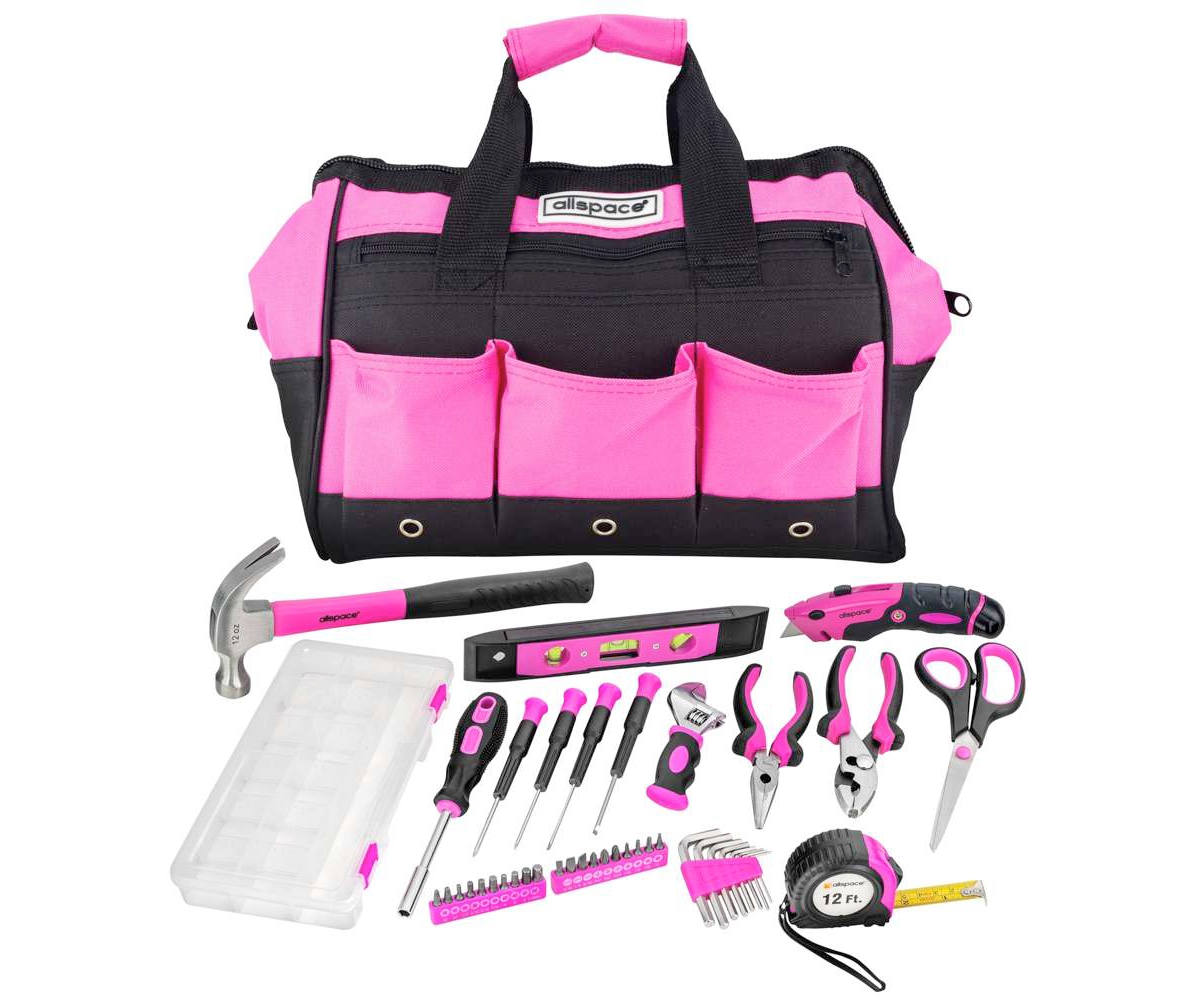 43 Piece Essential Tool Set with Pink Bag and Hand Tools - Pink