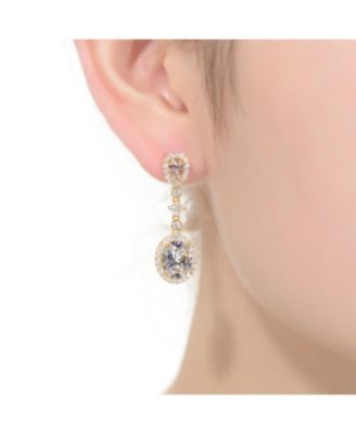 GV Sterling Silver with Gold Plated Clear Oval with Princess and Round Cubic Zirconia Accent Long Drop Earrings