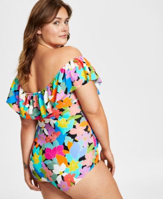 Plus Size Tummy Control Off-The-Shoulder Ruffled Swimsuit, Created For Macy's