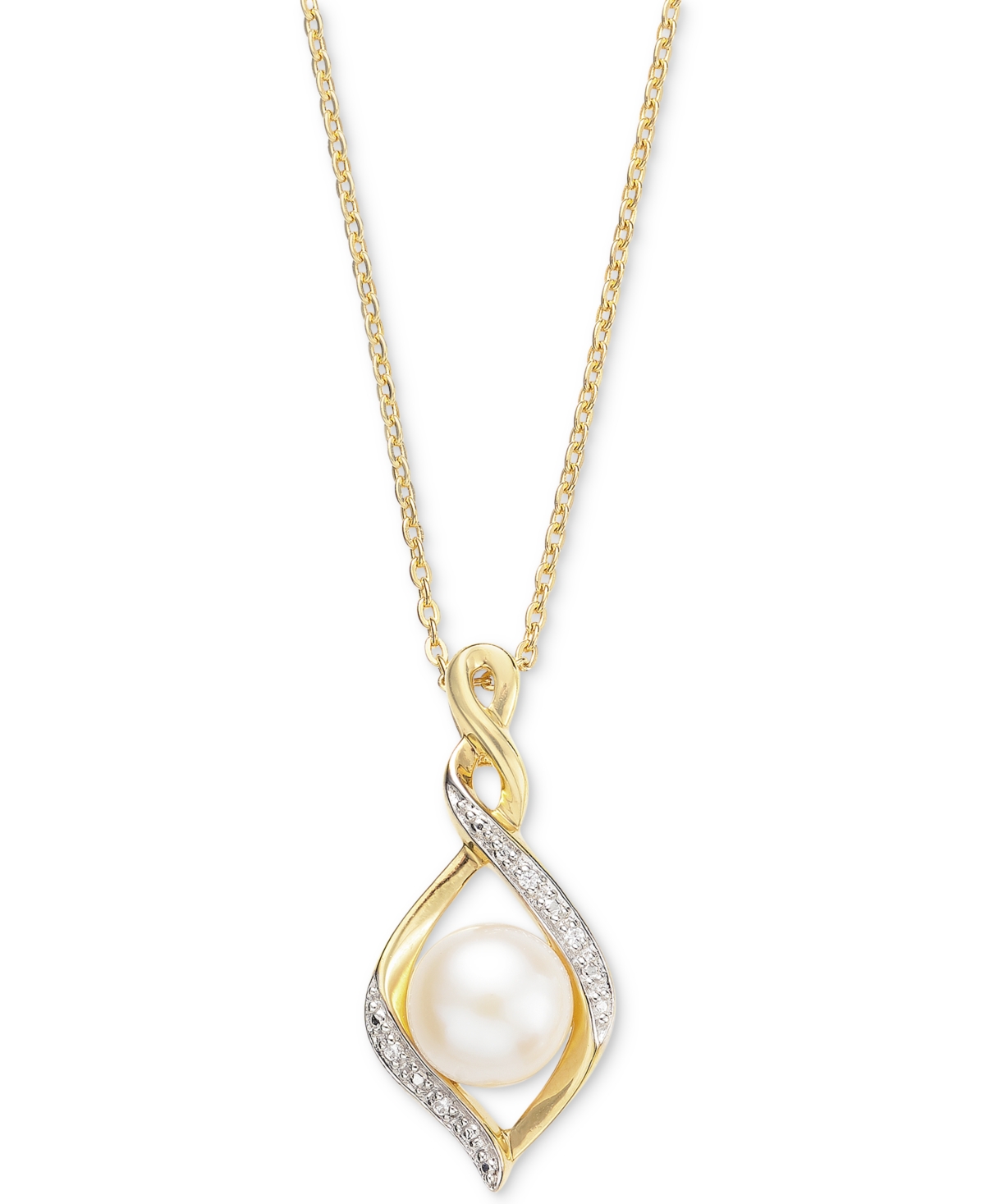 Macy's Cultured Freshwater Pearl (7mm) & Cubic Zirconia Infinity Twist 18" Pendant Necklace In 14k Two-tone In Gold Over Sterling Silver
