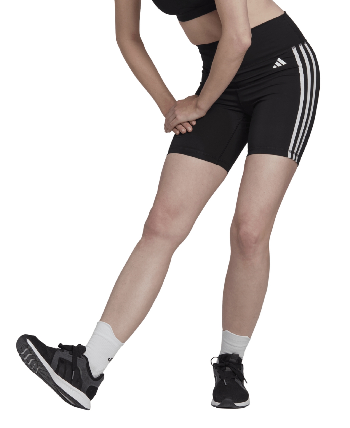 Shop Adidas Originals Women's Training Essentials 3-stripes High-waisted Short Leggings In Black