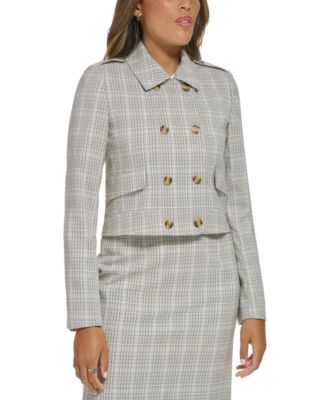 Calvin Klein - Petite Cropped Double-Breasted Plaid Jacket