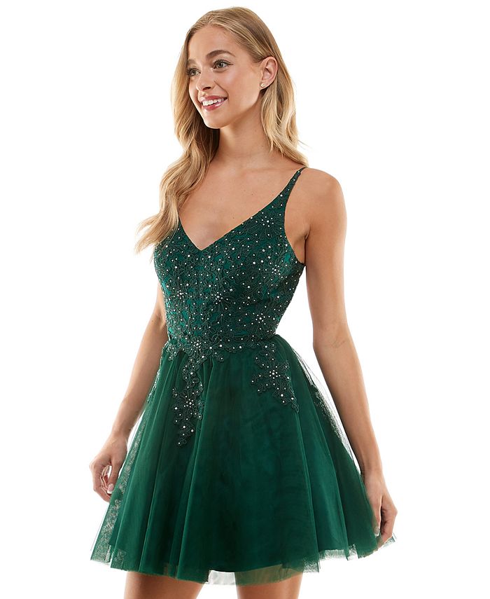 Say Yes to the Prom - Juniors' Open-Back Embroidered Dress