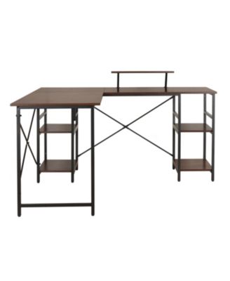 Wood L-Shape with Storage Shelves Industrial Desk