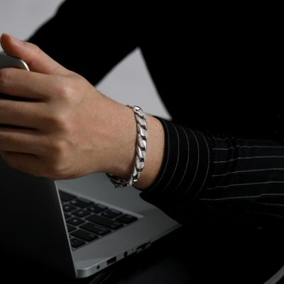 Men's Sterling Silver Iced Out Cubic Zirconia Braided Cuban Chain Bracelet