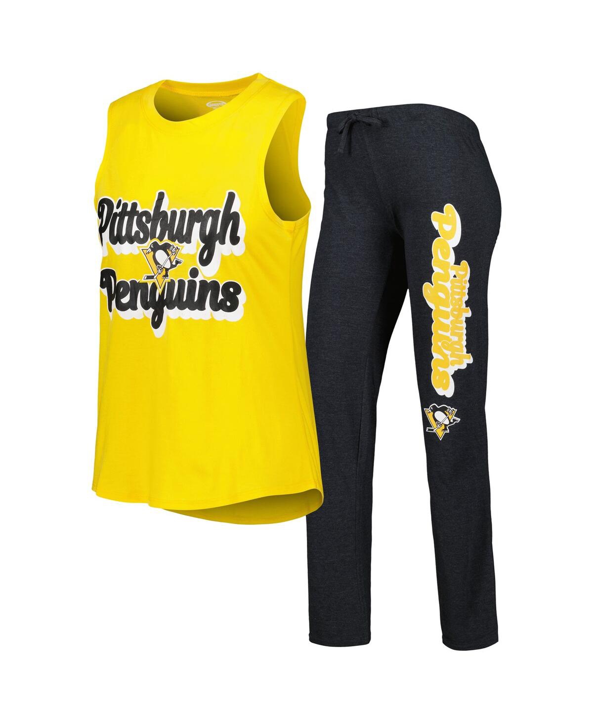 Concepts Sport Women's Gold, Heather Black Pittsburgh Penguins Meter Muscle Tank Top And Pants Sleep Set In Heather Black,gold