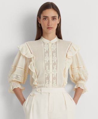 Lauren Ralph Lauren - Women's Lace-Trim Crinkle Cotton Shirt