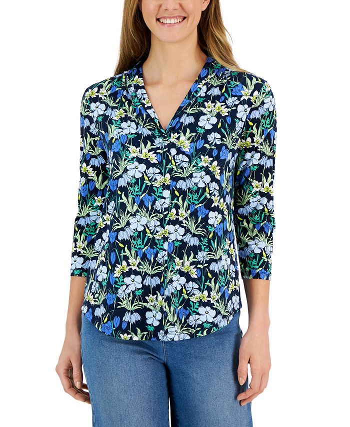 Charter Club Women's Floral-Print 3/4-Sleeve Top, Created for Macy's ...