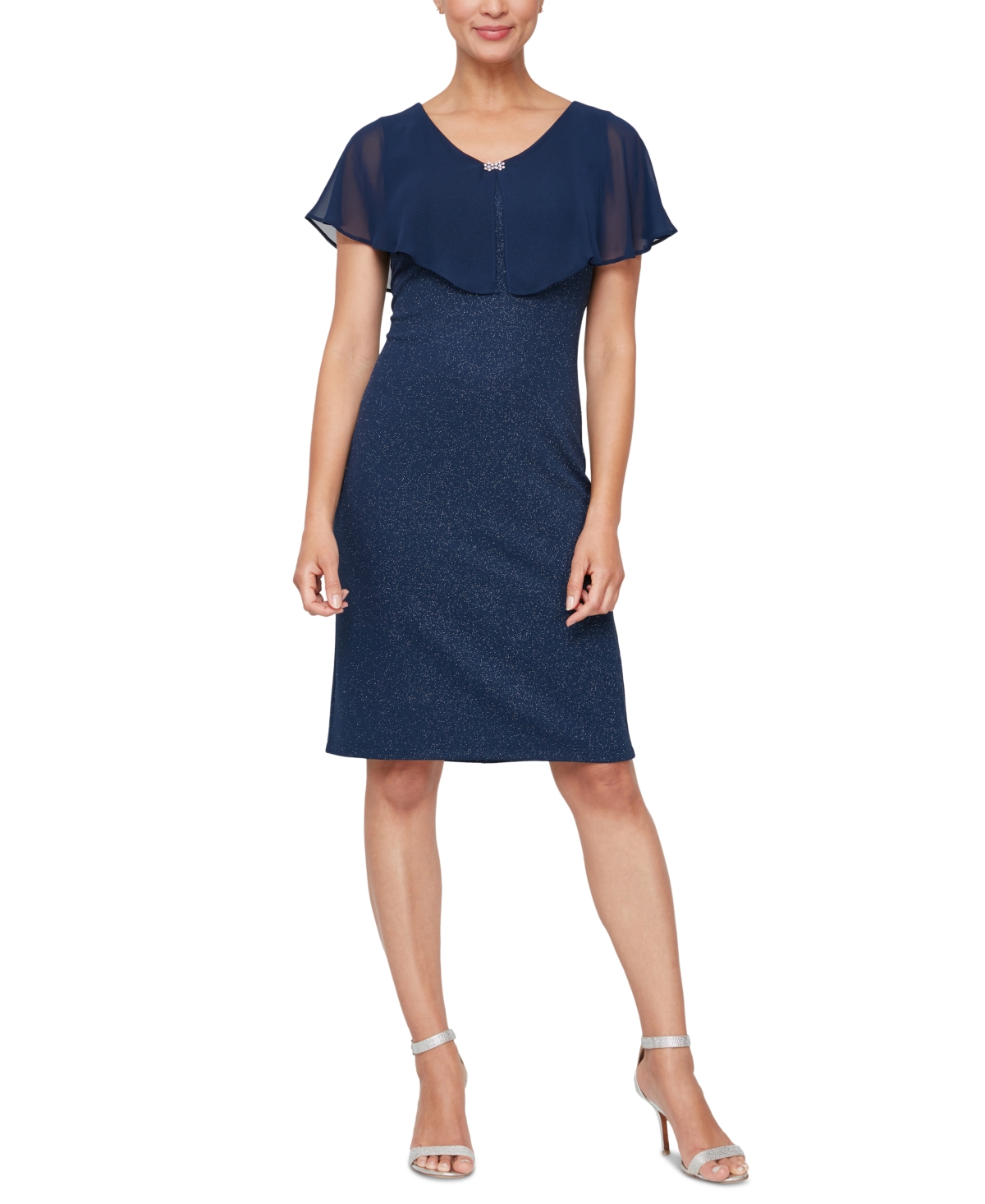 Sl Fashions Short V Neck Sheath With Popover Dress In Navy | ModeSens