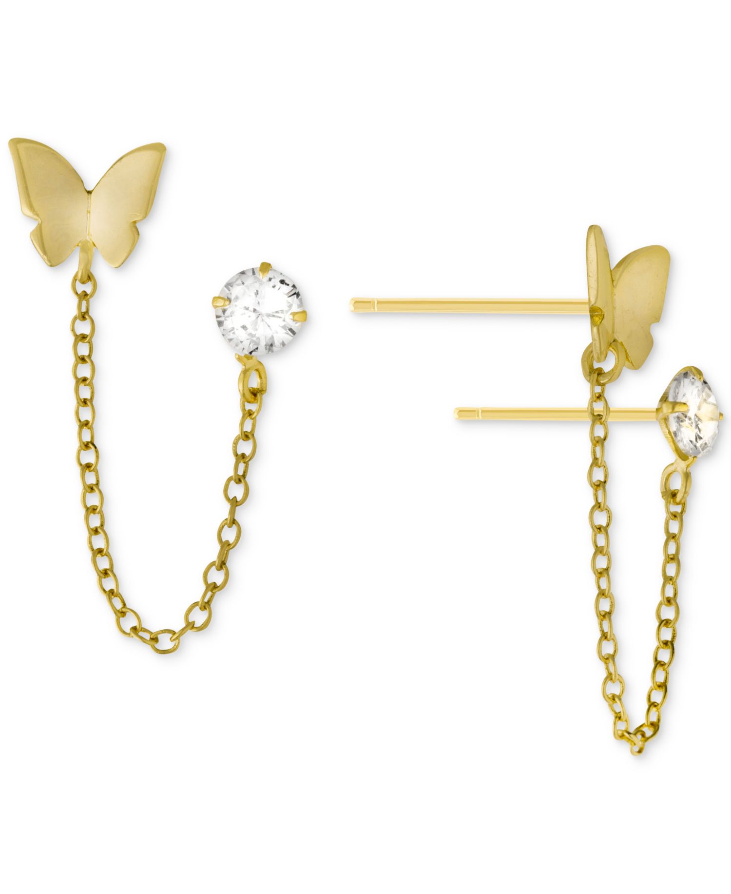 Cubic Zirconia & Butterfly Double Piercing Chain Earrings in Gold-Plated Sterling Silver