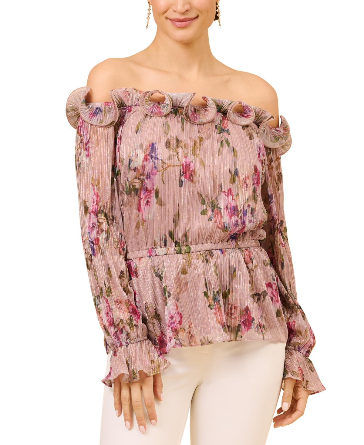  Adrianna Papell Women's Printed Ruffled Off-The-Shoulder Top