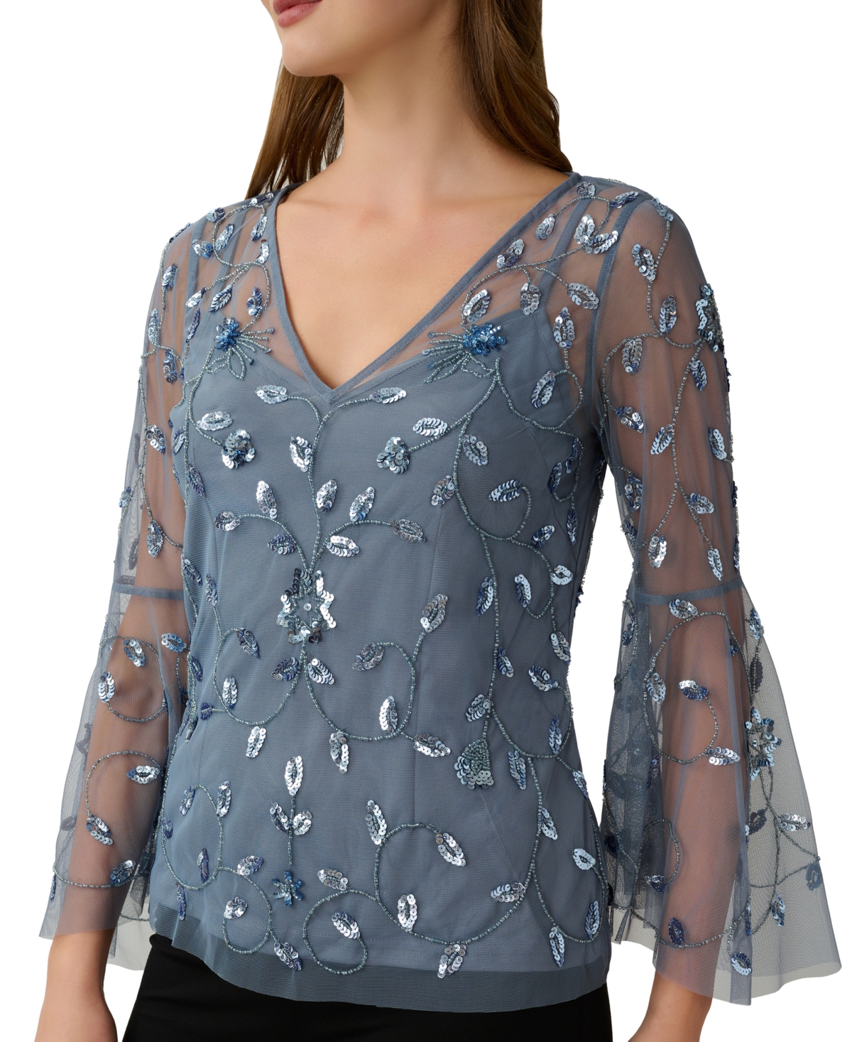  Adrianna Papell Women's V-Neck Embellished Flare-Sleeve Top