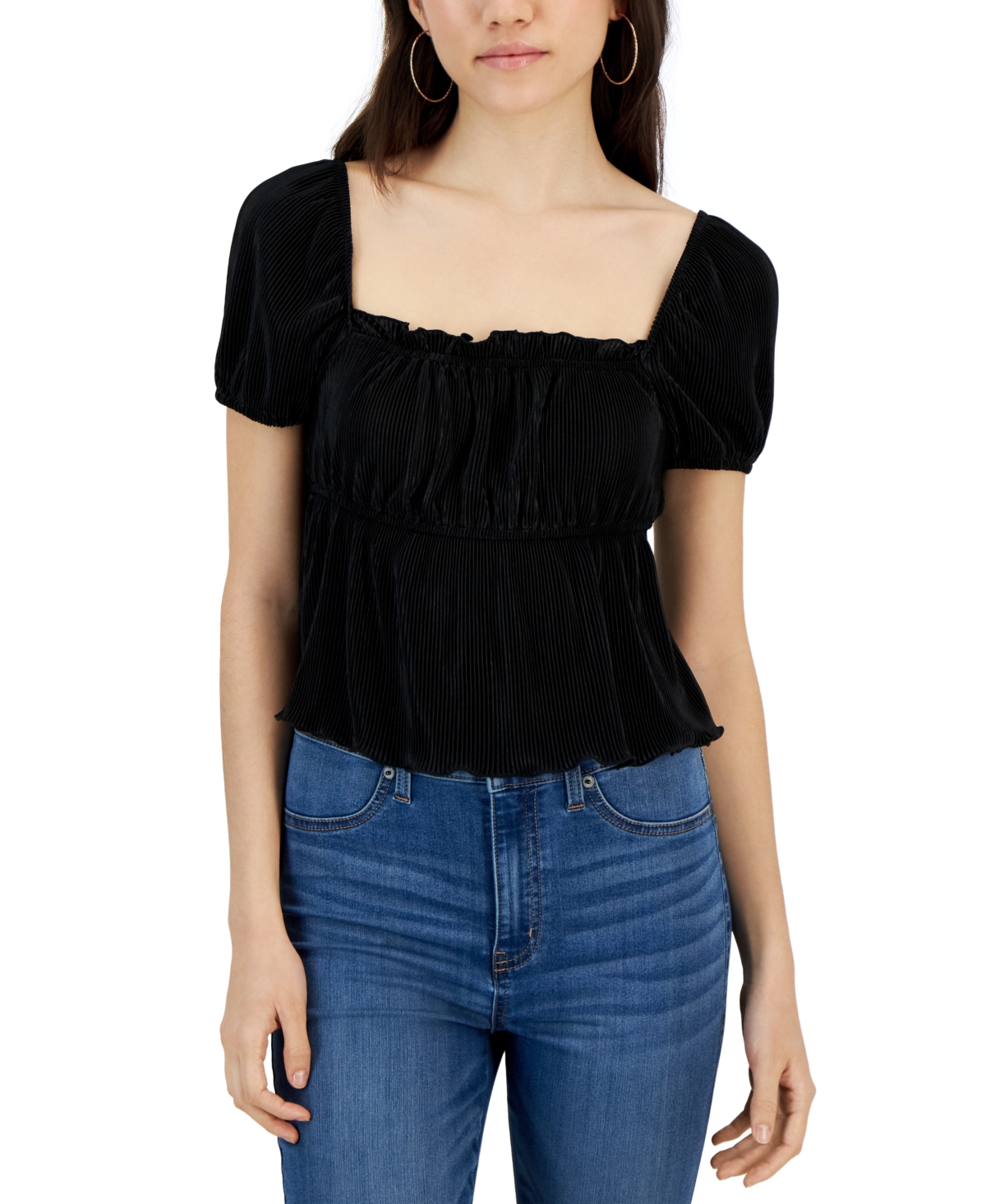 Love, Fire Juniors' Short-Puff-Sleeve Square-Neck Top