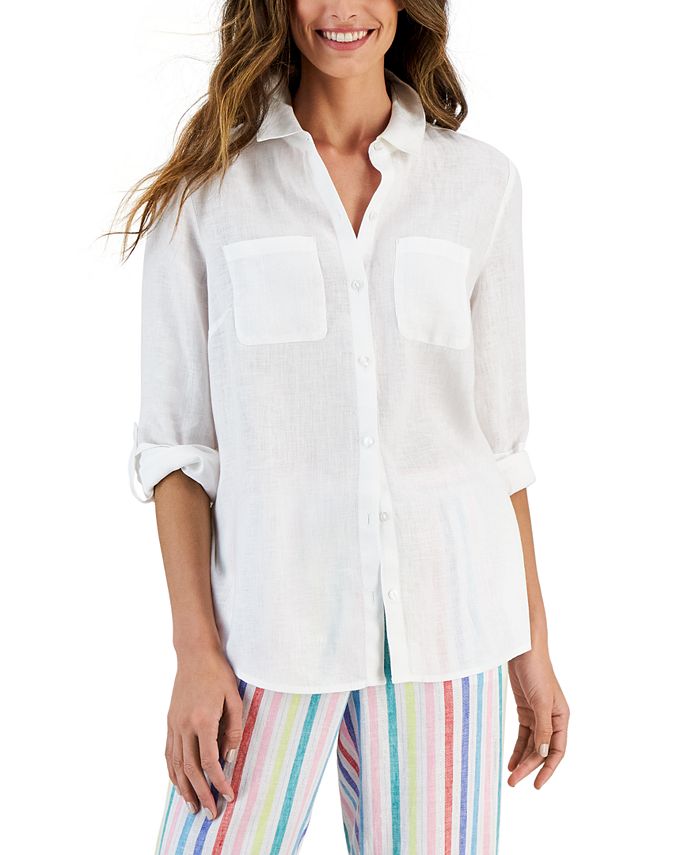 Chanel White linen top stitch button down cc logo Shirt blouse at