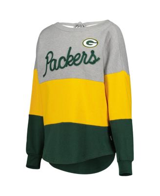 Women's Heathered Gray, Green Green Bay Packers Outfield Deep V-Back Pullover Sweatshirt