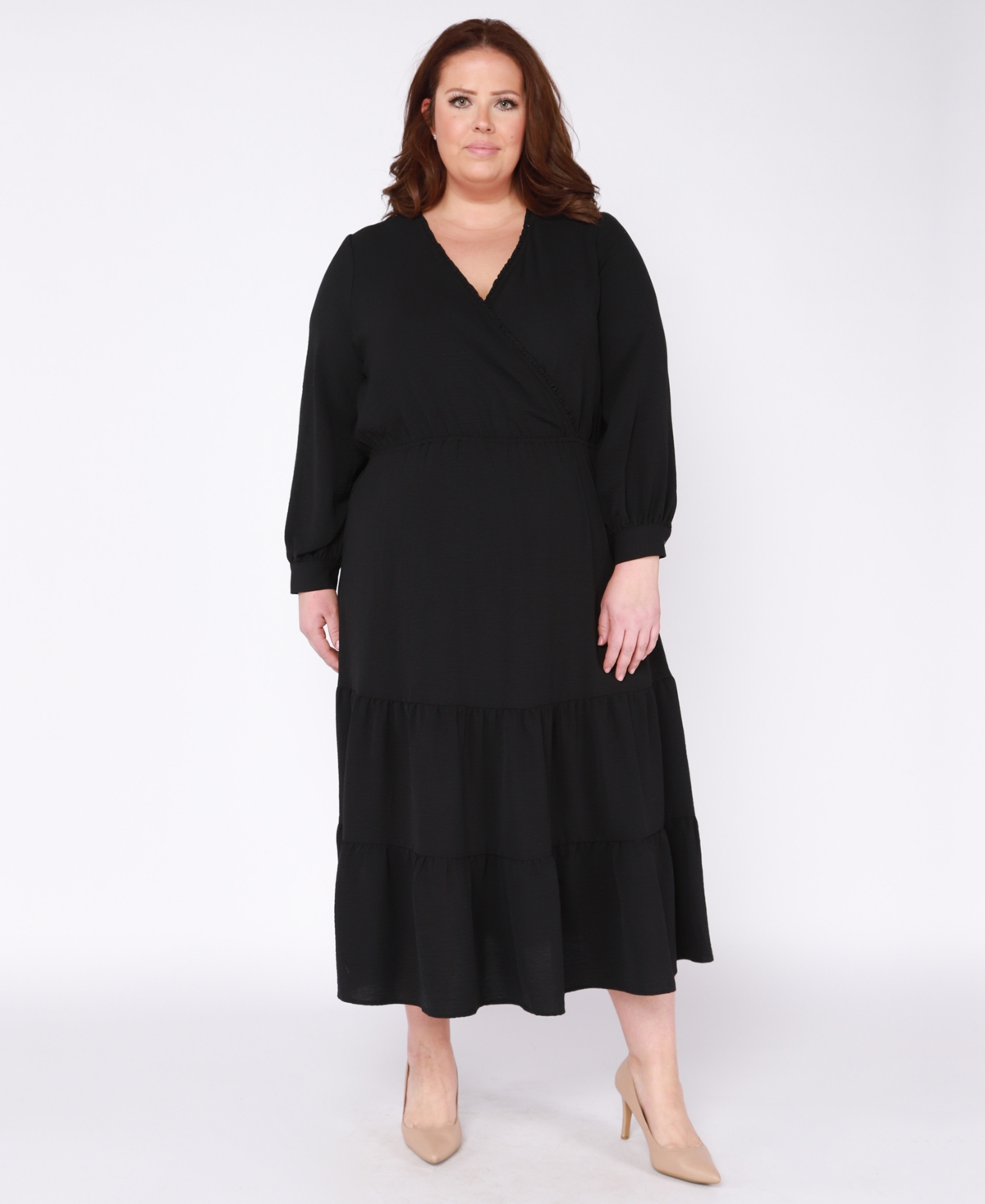 Black Tape Trendy Plus Size Surplice-Neck Tired Maxi Dress