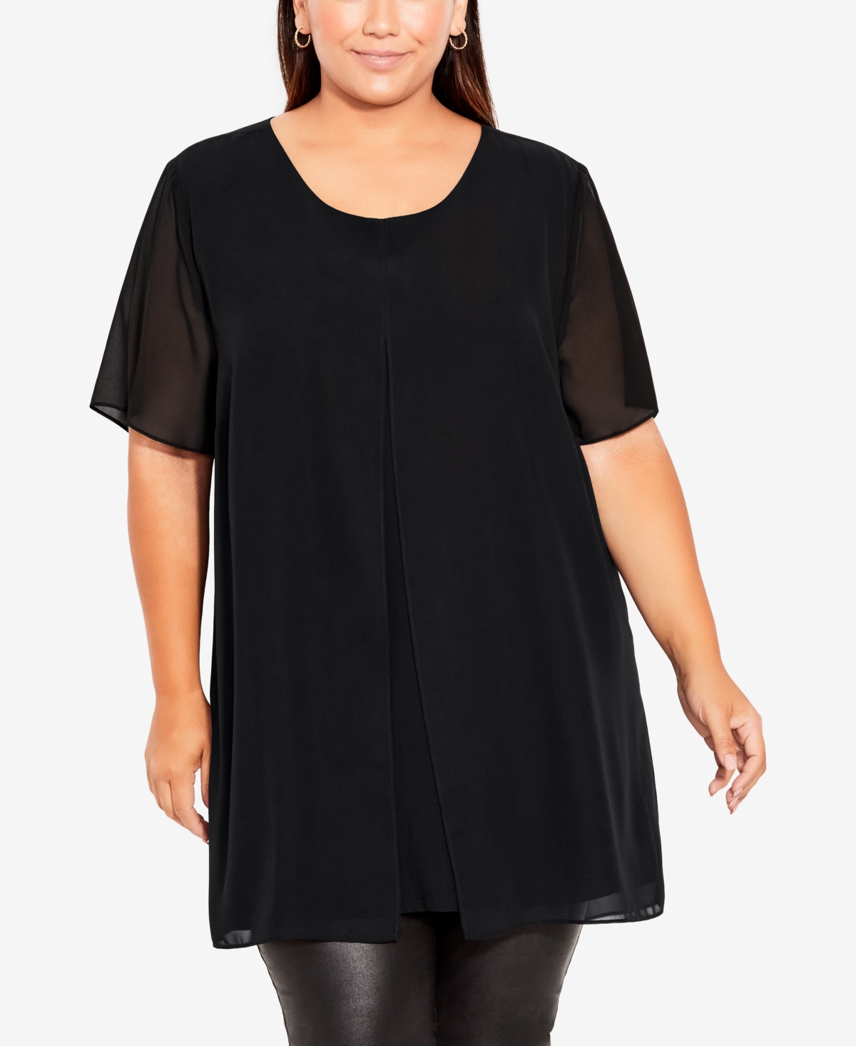 Avenue Plus Size Liv Overlay Mixed Media Scoop Neck Top In Black