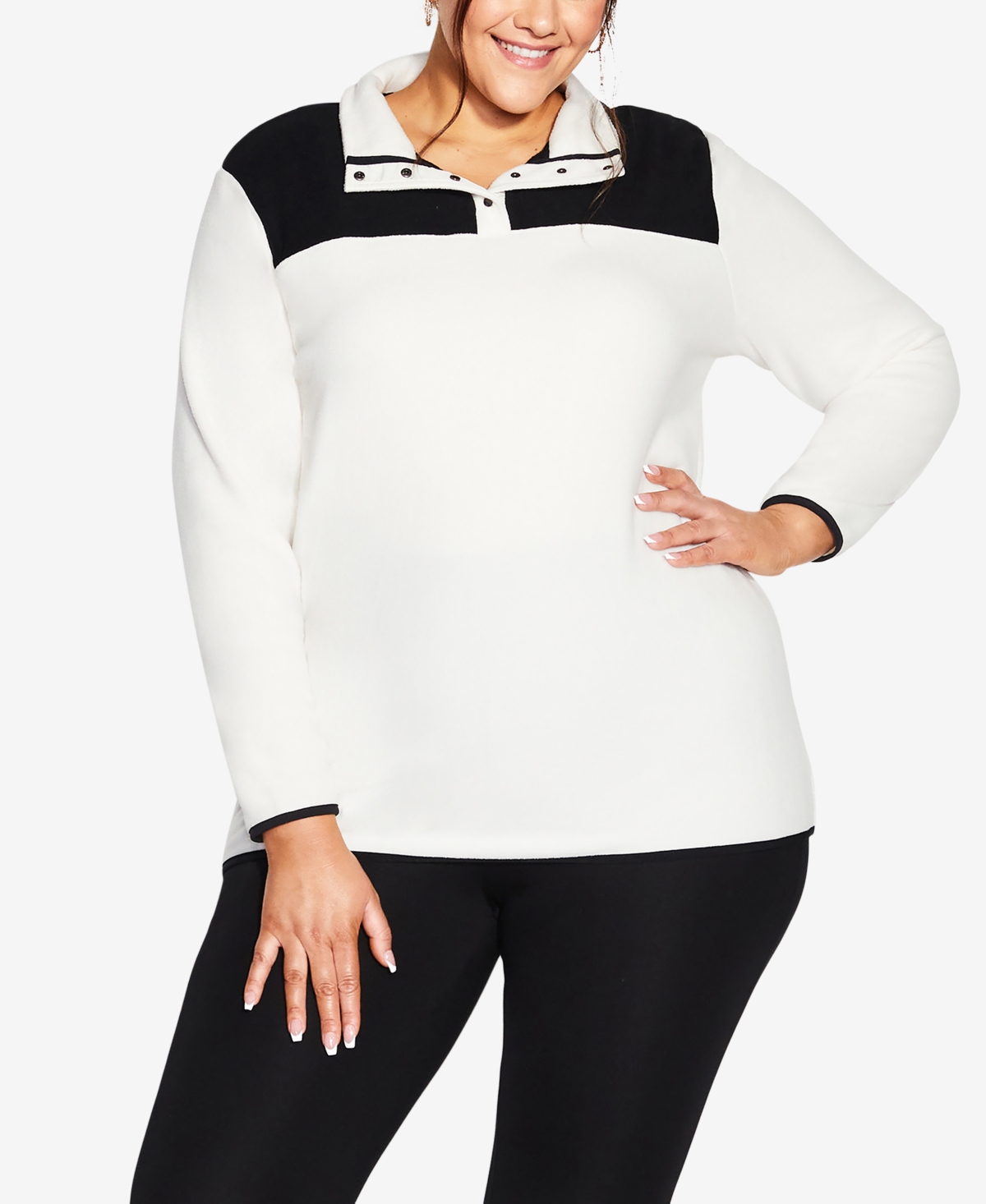 Shop Avenue Plus Size Color Block Polar Fleece Pullover Top In Ivory,black