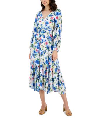 T Tahari - Women's Floral-Print Surplice Tiered Midi Dress