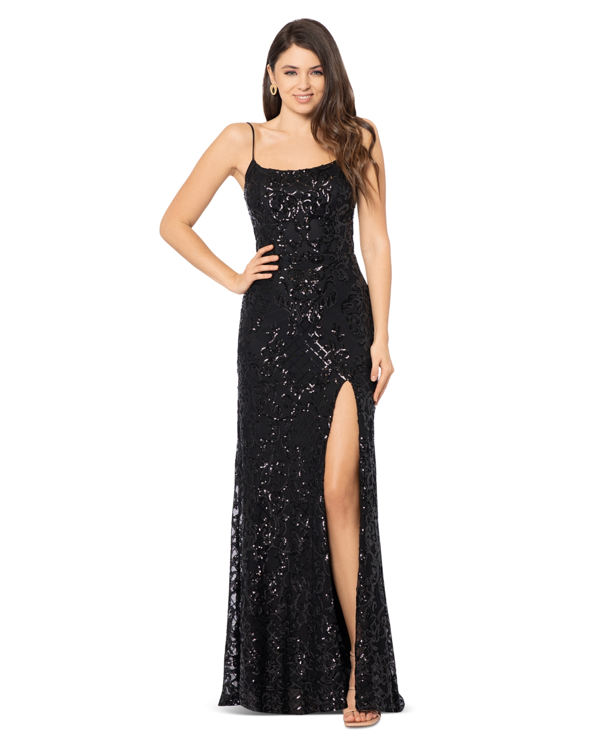 Juniors' Sequined Back-Cutout Gown - Black