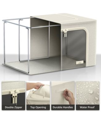 2 Pack Small Foldable Storage Box - Metal Frame, Oxford Fabric, Large Window & Handles - Organization for Bedroom, Linens & Clothes (Beige)